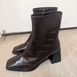 Jeffrey Campbell Sherpal-2 Squared Toed Booties in Patent Chocolate Croco